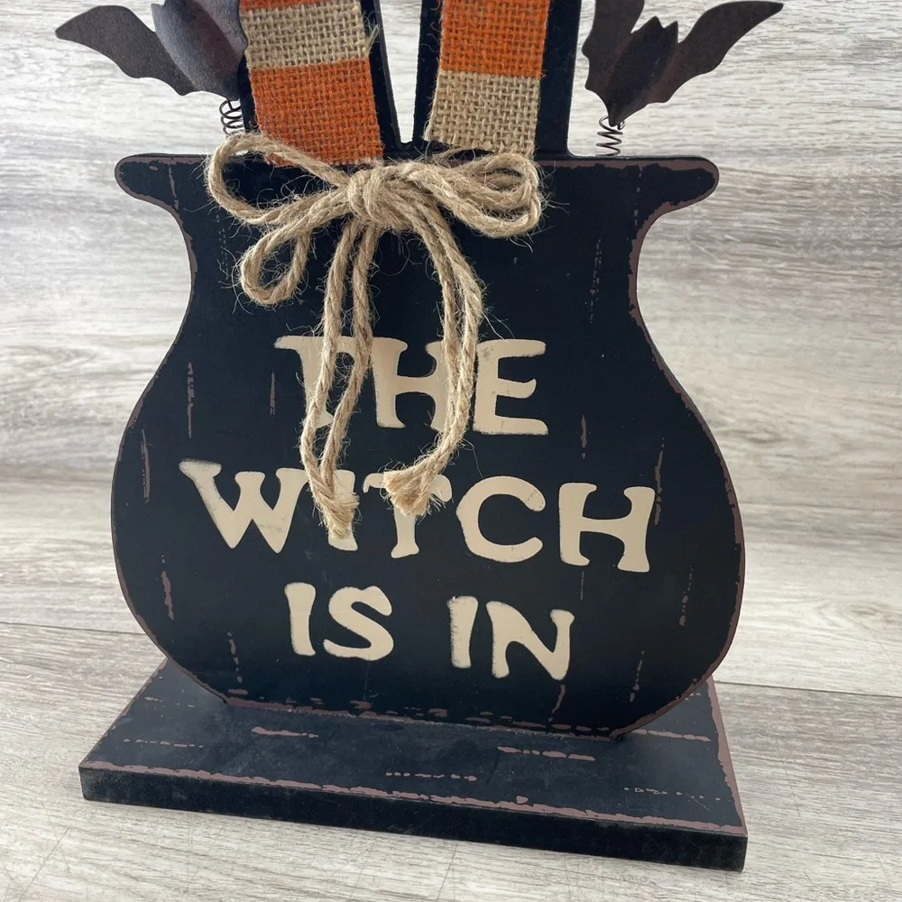 Halloween Decor Wooden Floor Sign The Witch Is In Flying Bats Legs Cauldron 23”